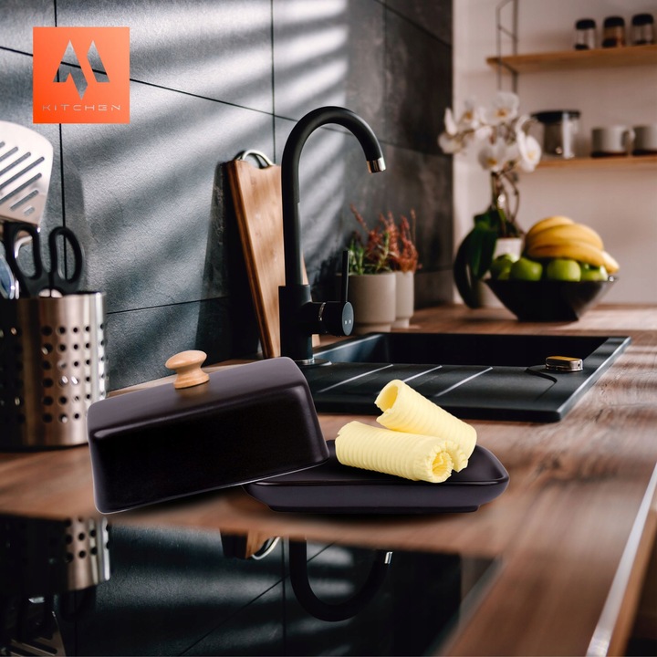 NOWOCZESNA MASELNICZKA MASELNICA POJEMNIK NA MASŁO Z POKRYWKĄ CZARNA+BAMBUS