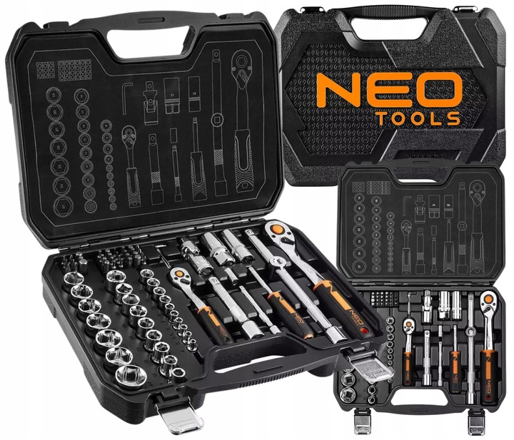 NEO TOOLS Klucze Nasadowe 1/2" 1/4" Zestaw Narzędzi 73 el. Walizka Stal CrV