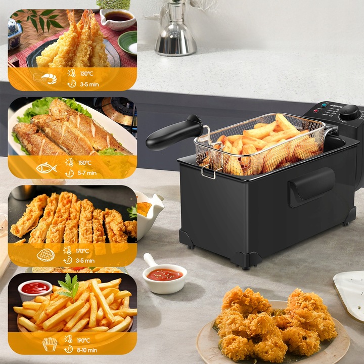 Frytkownica tradycyjna Olejowa Stalowa Mocna 3 l 2200w czarny Aigostar