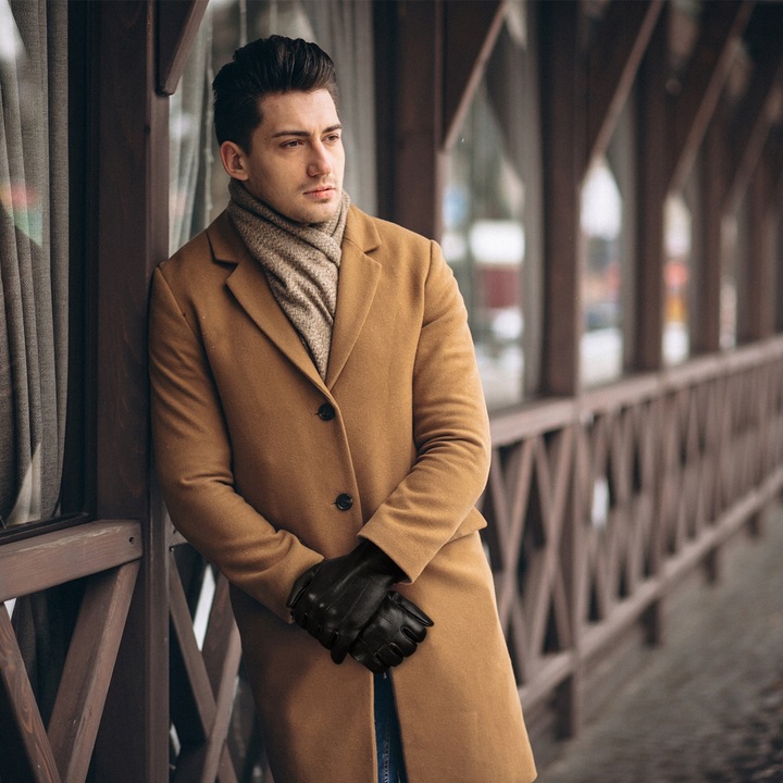 Rękawiczki skórzane męskie klasyczne DOTYKOWE z polarkiem miś