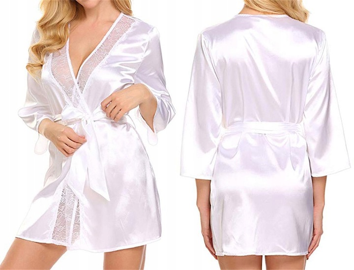 SATYNOWY SZLAFROK DAMSKI PODOMKA Z KORONKĄ ELEGANCKI PENIUAR STRINGI KOLORY