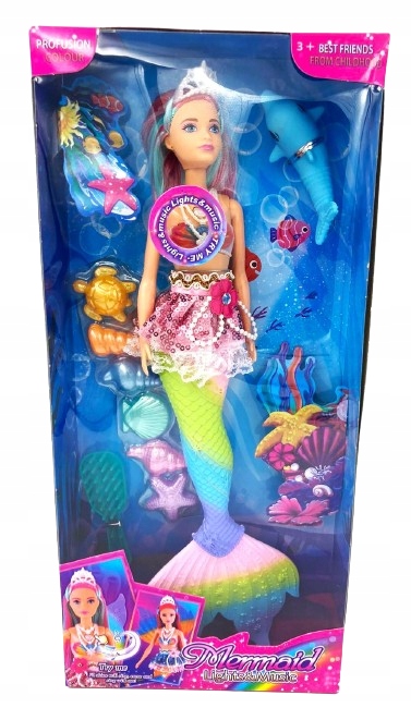 LALKA SYRENKA TĘCZOWA ARIELKA ŚPIEWA ŚWIECI 30cm + akcesoria