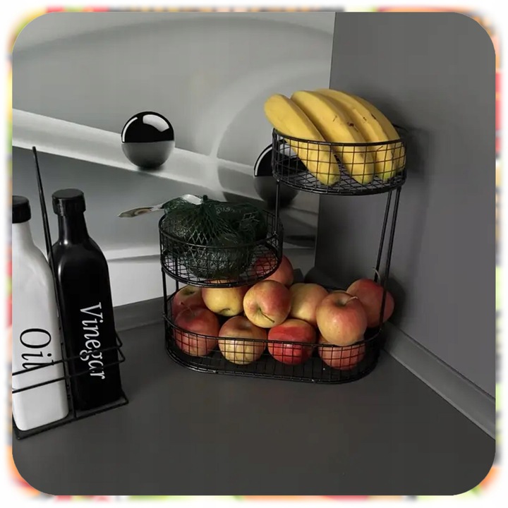 KOSZ NA OWOCE WARZYWA 3 POZIOMOWY METALOWY CZARNY KOSZYK STOJAK