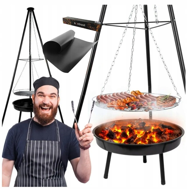 GRILL OGRODOWY WISZĄCY PALENISKO TRÓJNÓG DUŻY 50CM RUSZT + MATY WĘGLOWY