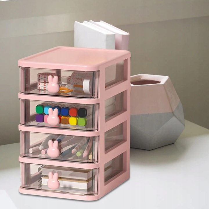 ORGANIZER plastikowy przezroczysty POJEMNIK Z 4 SZUFLADY RÓŻOWY