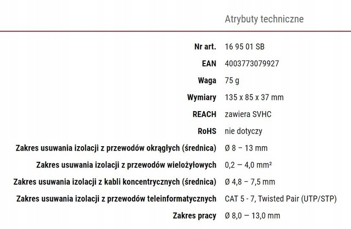 Knipex 16 95 01 SB ŚCIĄGACZ IZOLACJI KABLI PRZEWODÓW ERGOSTRIP uniwersalny