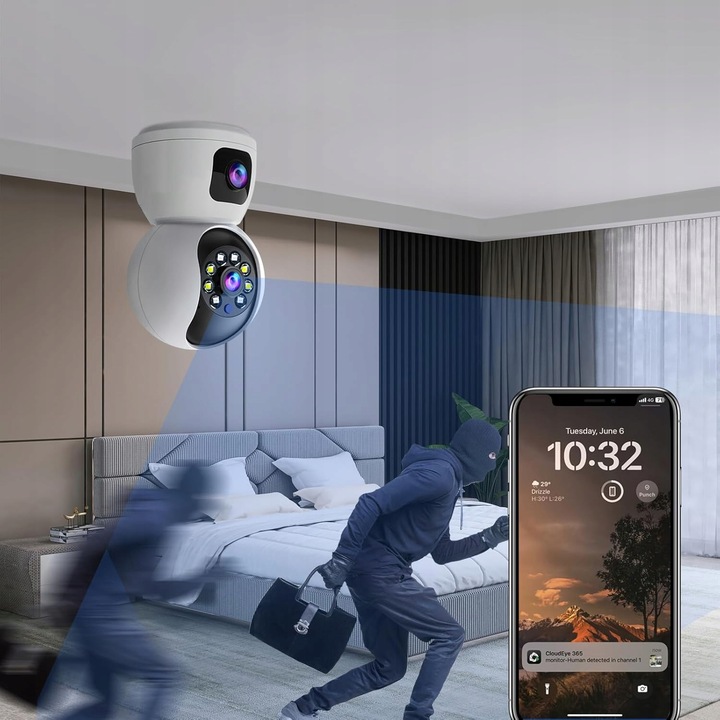 KAMERA MONITORUJĄCA BIAŁA 2,4G WIFI PTZ + 2 OBIEKTYWY 2MP