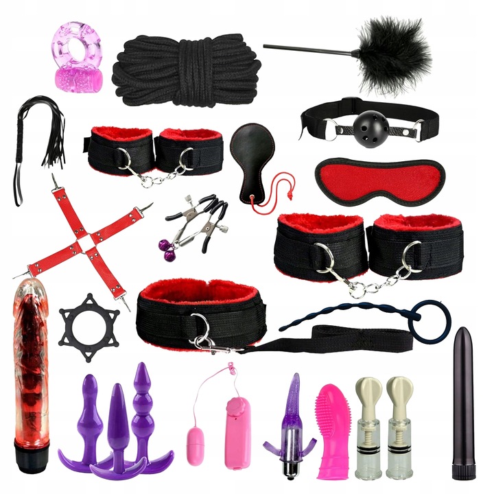 MEGA DUŻY XXL ZESTAW BDSM 28el KAJDANKI KNEBEL KORRKI NAKŁADKA WIBRATOR PAR