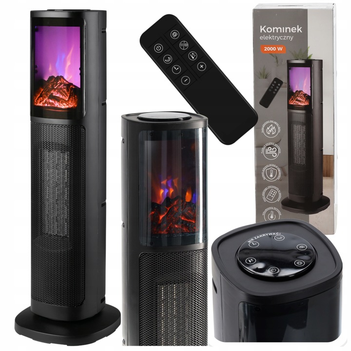 KOMINEK ELEKTRYCZNY KOLUMNOWY TERMOWENTYLATOR 2000W EFEKT PŁOMIENIA