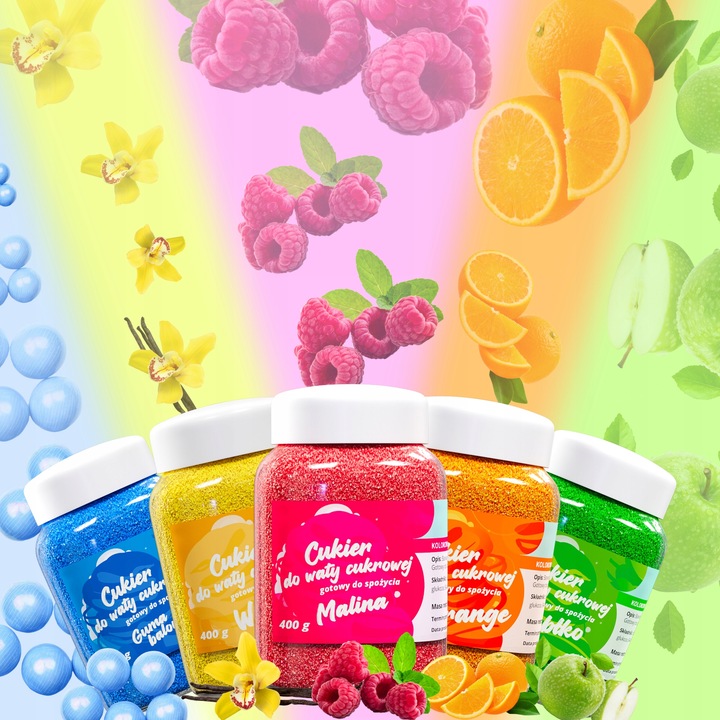 CUKIER KOLOROWY do waty cukrowej 5x400g smakowy MIX gratis 10szt
