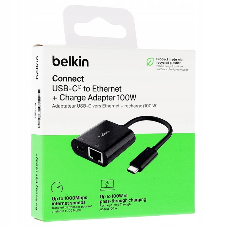 Adapter z ładowaniem USB-C PD 3.0 100W do GB Ethernet, Belkin przejściówka