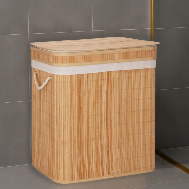KOSZ BAMBUSOWY NA PRANIE BIELIZNĘ DWUKOMOROWY Z POKRYWĄ POJEMNIK DUŻY 100L