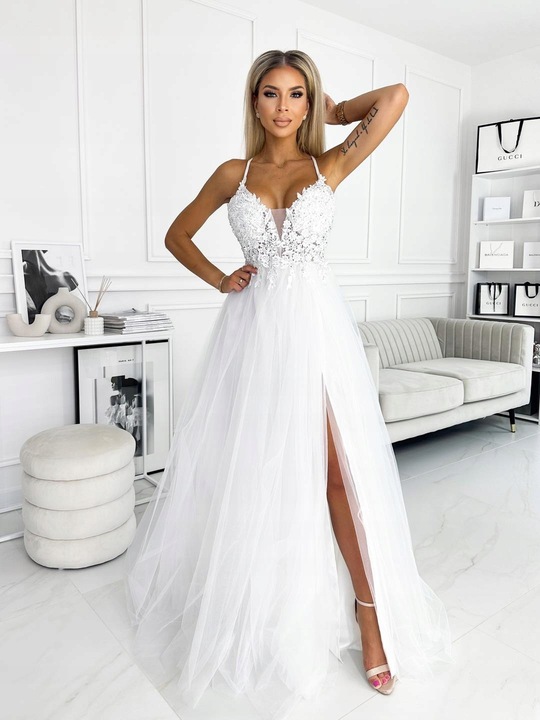 Jolie BIAŁA DŁUGA SUKIENKA z GIPIURĄ ślubna XS