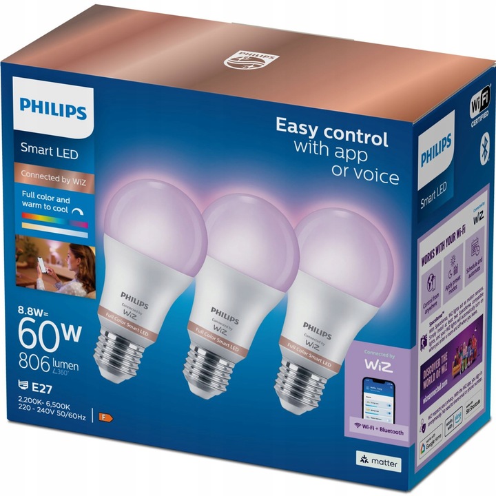 Żarówka LED E27 A60 8,8W = 60W RGB SMART WiFi Aplikacja WiZ Philips 3
