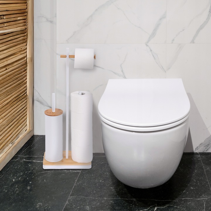 Stojak na papier toaletowy z uchwytem i szczotką WC biały bambus YOKA