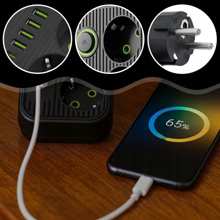 PRZEDŁUŻACZ LISTWA ZASILAJĄCA 1.8M 3 GNIAZDA 230V + 5X USB USB-C ŁADOWARKA