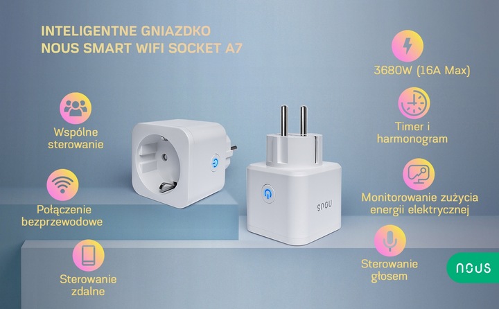 Inteligentne gniazdko WiFi NOUS A7 TUYA WATOMIERZ PROGRAMATOR TIMER 16A