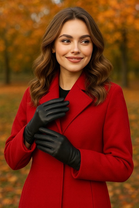 Rękawiczki skórzane damskie polar miś dotykowe pięciopalczaste