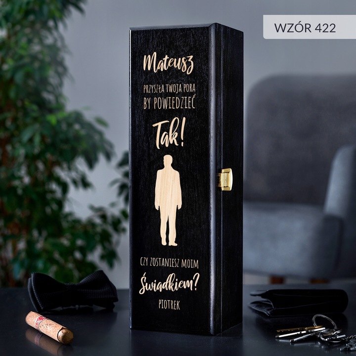 PROŚBA O ŚWIADKOWANIE SKRZYNKA NA WINO Z GRAWEREM PREZENT DLA ŚWIADKA IMIĘ