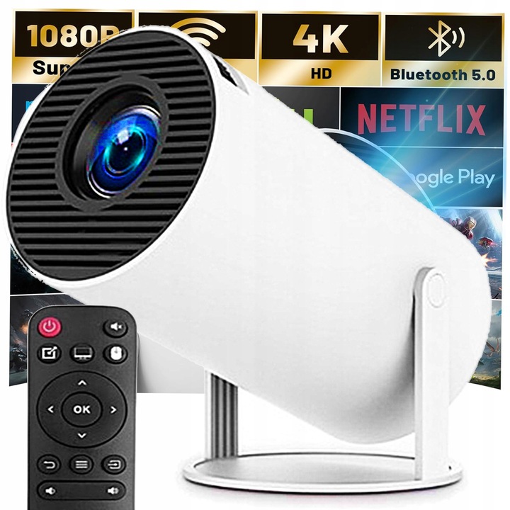 PROJEKTOR RZUTNIK ANDROID TV WIFI FULL HD PRZENOŚNY SMART GŁOŚNIK OBROTOWY