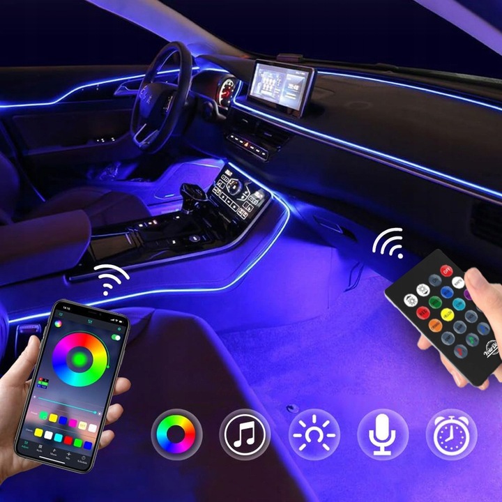 Światłowód do Samochodu Oświetlenie Ambient LED RGB 7m APKA+PILOT ZESTAW XL