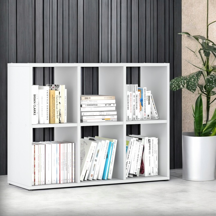 REGAŁ NA KSIĄŻKI BIAŁY OTWARTY 6 POJEMNYCH DREWNIANYCH PÓŁEK NA