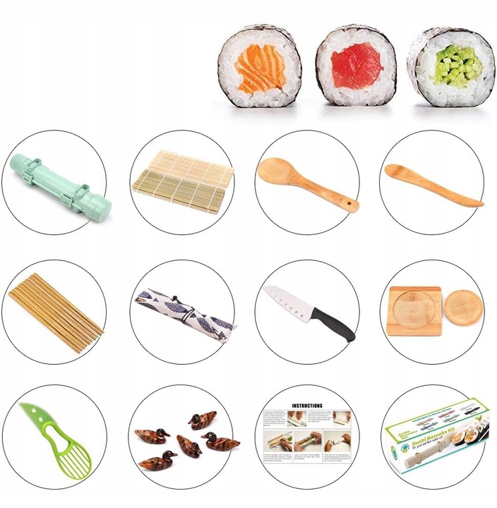 30SZT ZESTAW MASZYNKA DO ROBIENIA SUSHI Z ROLKA MATA PRASKA NÓŻ DO