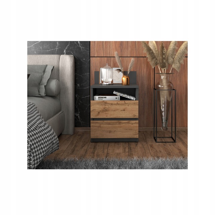 Szafka Nocna Stolik Nocny 40CM Szary Dąb Wotan 2 Szuflady Półka Do