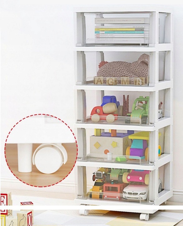 PLASTIKOWY POJEMNIK REGAŁ KOSZ NA ZABAWKI SZUFLADY 5 PÓŁEK na kółkach