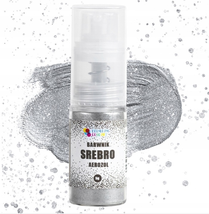 BARWNIK SPOŻYWCZY SREBRNY BROKAT W SPRAYU PYŁEK Z POMPKĄ JADALNY
