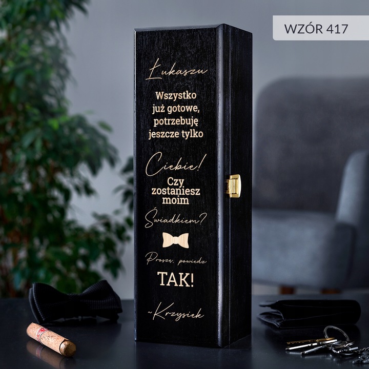 PROŚBA O ŚWIADKOWANIE SKRZYNKA NA WINO Z GRAWEREM PREZENT DLA ŚWIADKA IMIĘ