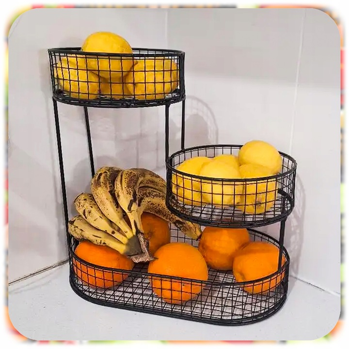 KOSZ NA OWOCE WARZYWA 3 POZIOMOWY METALOWY CZARNY KOSZYK STOJAK