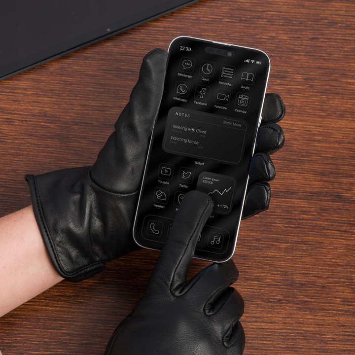 Rękawiczki skórzane damskie polar miś dotykowe pięciopalczaste