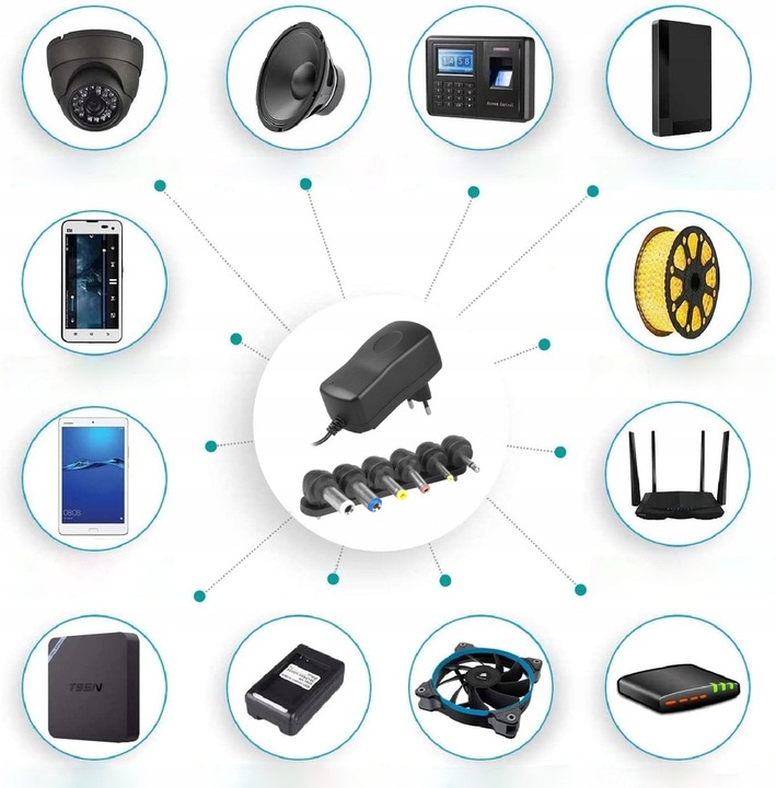 ZASILACZ UNIWERSALNY REGULOWANY DC 3-12V MOCNY 2.5A 30W 6 WTYKÓW