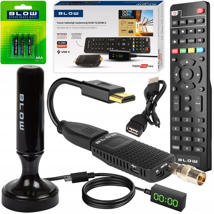 DEKODER TUNER TV DVB-T2 HEVC H.265 FULL HD MINI PILOT ANTENA 4x