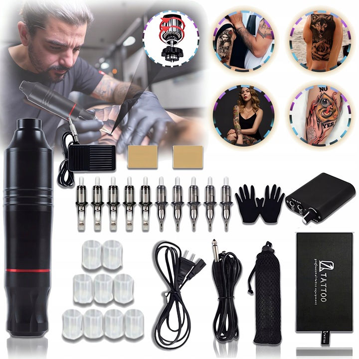 ZESTAW MASZYNKA DO TATUAŻU PEN ROTACYJNA TUSZ 37w1 dla początkujących