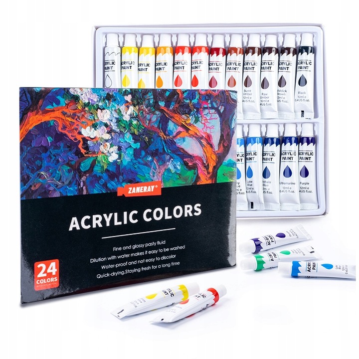FARBY AKRYLOWE DUŻY ZESTAW FARB AKRYLOWYCH 24x12ml FARBA AKRYLOWA