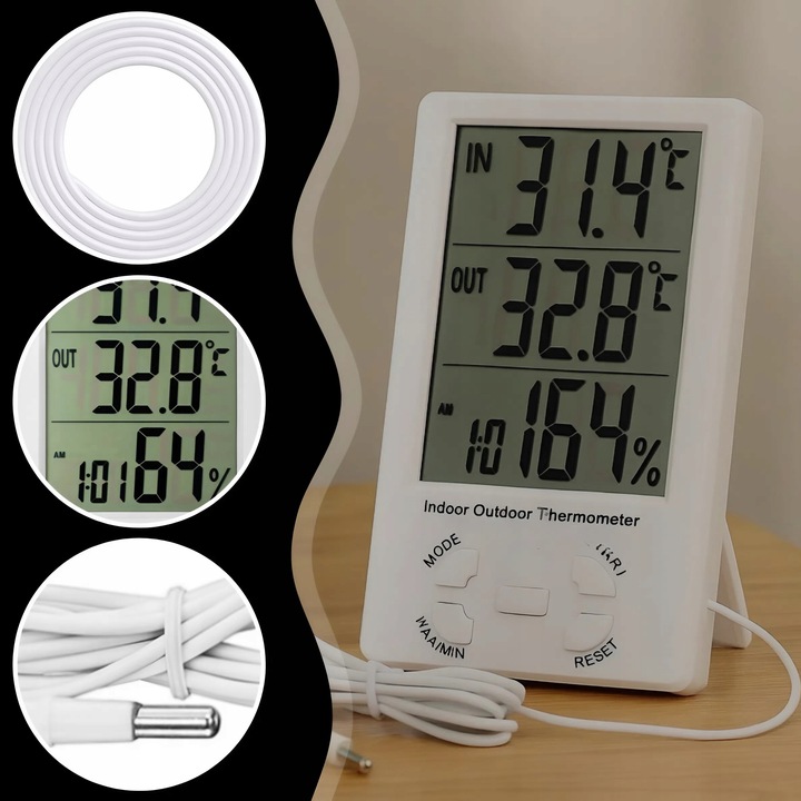 STACJA POGODOWA TERMOMETR ZEWNĘTRZNY HIGROMETR LCD ZEGAR Z SONDĄ