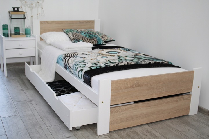 Łóżko pojedyncze drewniane LEA 90x200 białe Dąb Sonoma stelaż