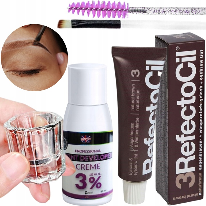 ZESTAW DO HENNY Refectocil BRĄZ 3 + woda + kieliszek + pędzel +