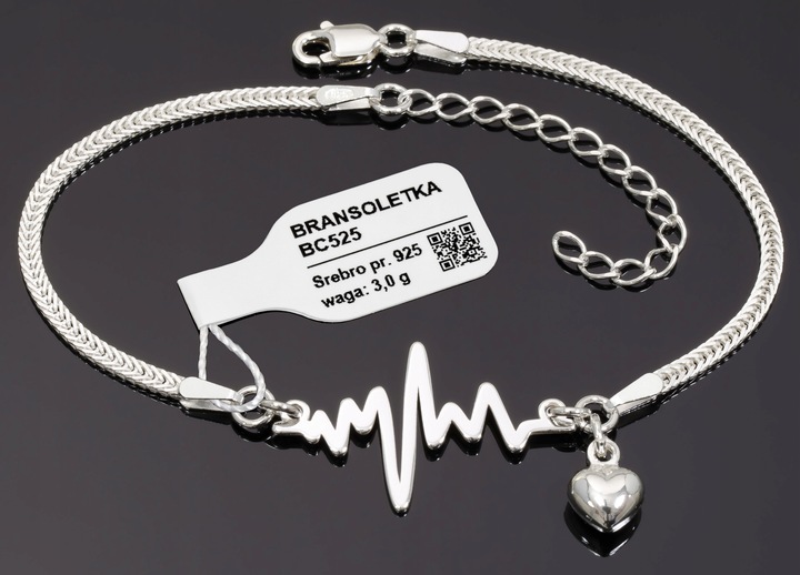 Bransoletka srebrna linia życia rytm EKG serca