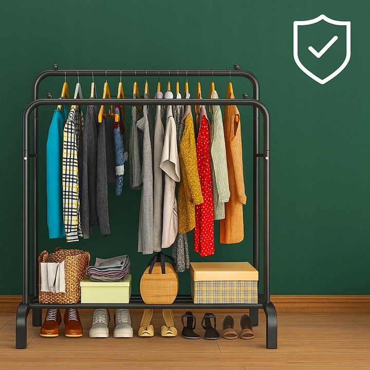 WIESZAK NA UBRANIA BUTY STOJĄCY PODŁOGOWY STOJAK CZARNY PODWÓJNY