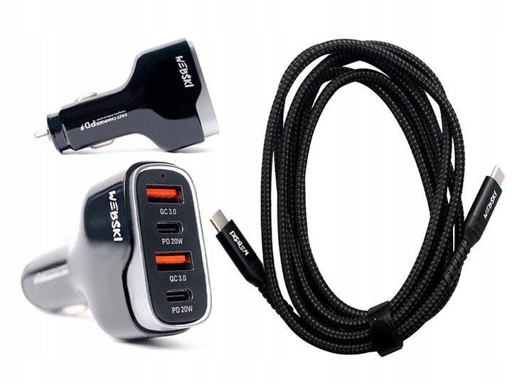 MOCNY KABEL USB C-C 200cm 100W I UNIWERSALNA ŁADOWARKA SAMOCHODOWA 40W