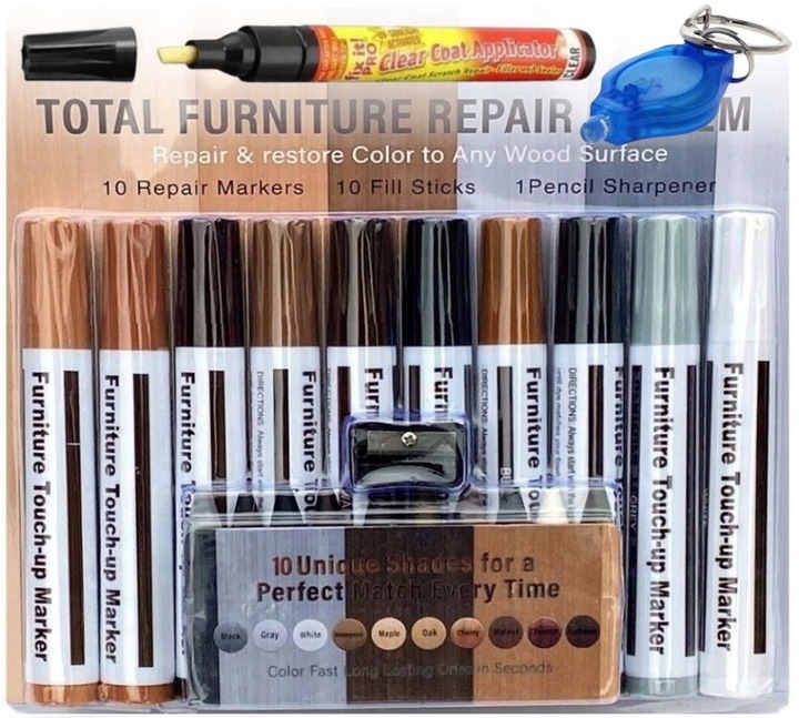 ZESTAW DO NAPRAWY PANELI MEBLI 27 sztuk MARKERY WOSKI + LAKIER UV