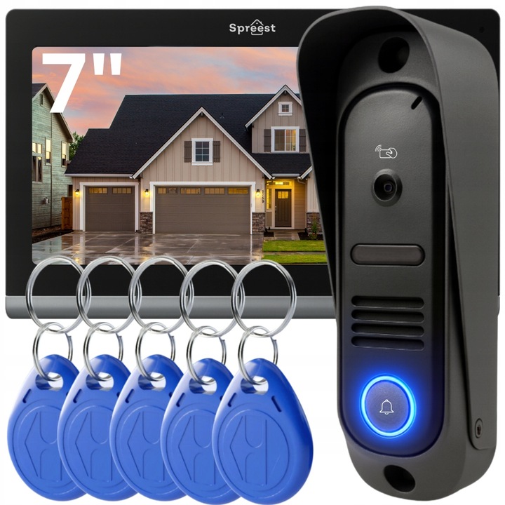 WIDEODOMOFON PRZEWODOWY VIDEO DOMOFON ZESTAW CZYTNIK RFID FURTKA BRAMA 7''