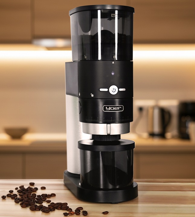 Żarnowy elektryczny młynek kawy Yoer 350W automatyczny +43 Poziomy
