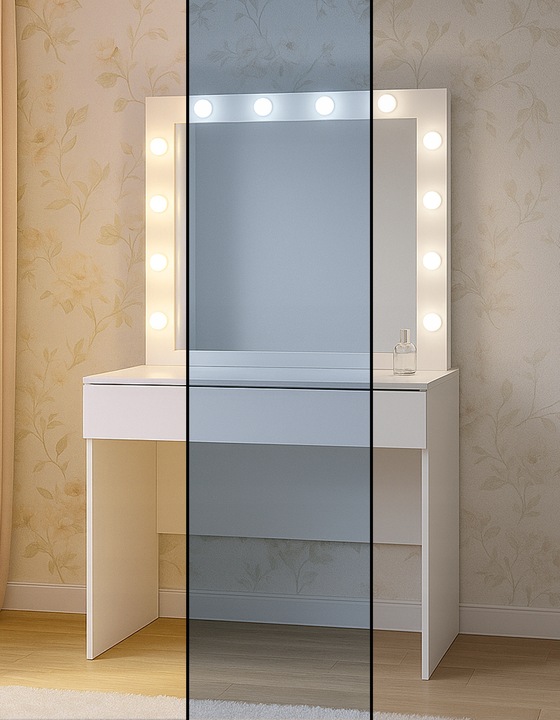 TOALETKA KOSMETYCZNA LED Z LUSTREM BIAŁA PODŚWIETLENIE SNOWY BIAŁA