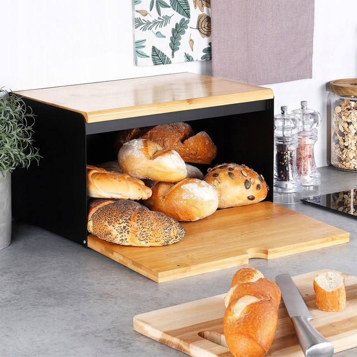 Chlebak METALOWY drewniany pojemnik zamykany na pieczywo chleb bułki czarny