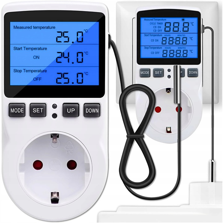 TERMOSTAT ELEKTRONICZNY REGULATOR TEMPERATURY GNIAZDO SIECI 230V MAX. 3680W