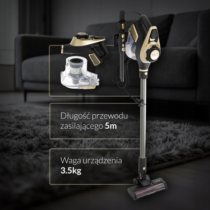 Odkurzacz pionowy bezworkowy Adler Light Gold 700 W z turboszczotką